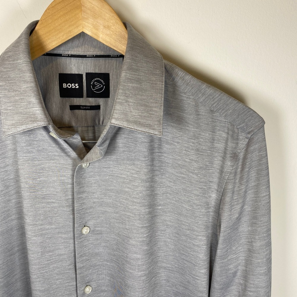 BOSS Performance Dress Shirt Mens M 15.5 Grey Excellent Slim Fit Stretch Button